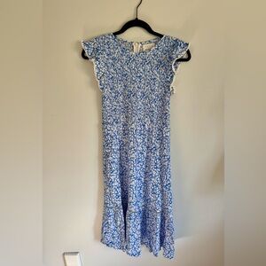Lost + Wander Blue and White Smocked Floral Midi Dress with Lace Detail, Small